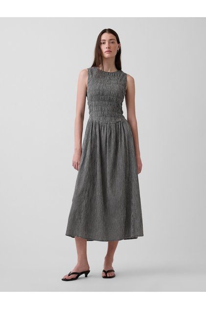 SL Rochie Maxi Seersucker cu Talie Căzută, Negru Gingham XS