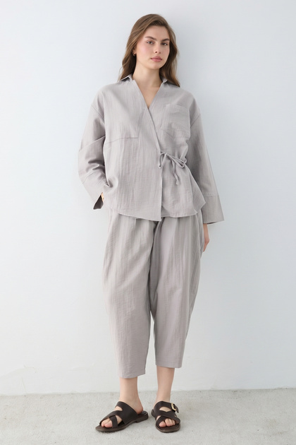Gray Double-Breasted Blouse Trousers Set Twoss26Au00256
