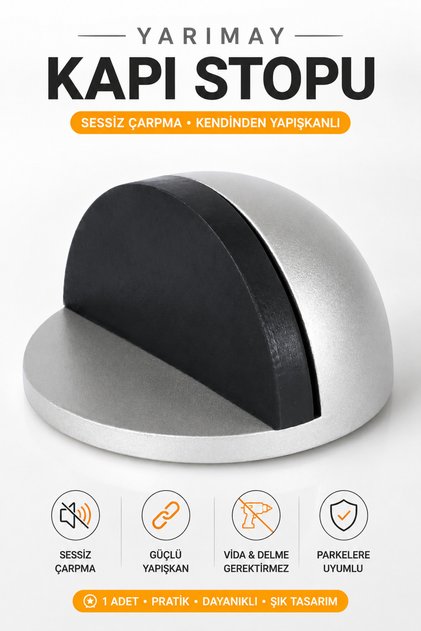 Yarımay Yapışkanlı Kapı Kolu Stoperi Tamponu Metal Kapı Stopu Durdurucu Tutucu Tutacağı Gri
