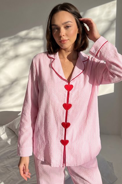 Set de pijamale din țesătură de viscoză, cu broderie inimă și paspoal, roz, THMAW25PT00179