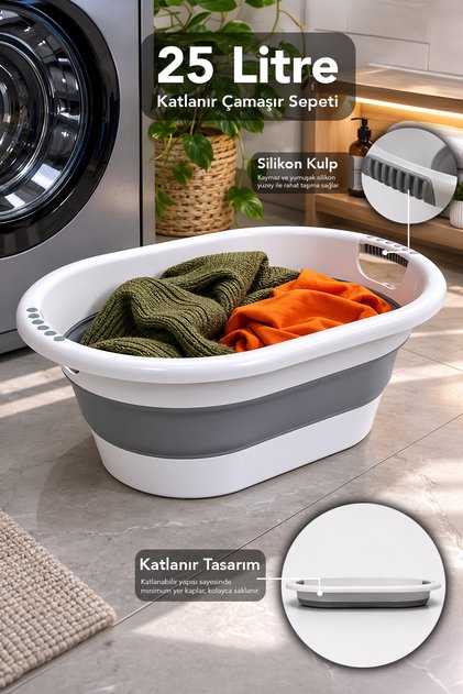 25Lt Katlanabilir Çamaşır Sepeti - Akordiyon Silikon Kulplu Çamaşır Sepeti Banyo Düzenleyici Sepet