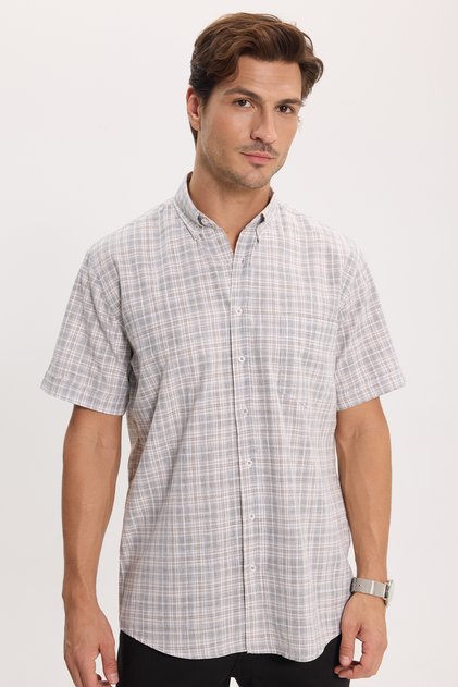 Men's regular fit classic cut 100% cotton short sleeve checkered linen effect beige shirt with pockets