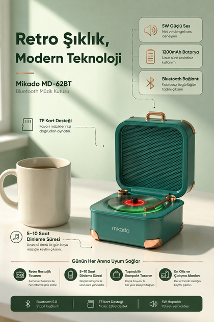 Mikado Bluetooth Hoparlör Retro Nostalgia Tasarım Taşınabilir