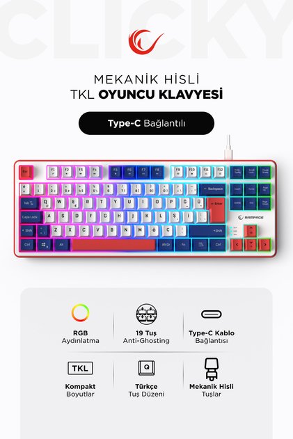 Clicky TKL Mekanik Hisli RGB Türkçe Q Membrane Oyuncu Klavyesi