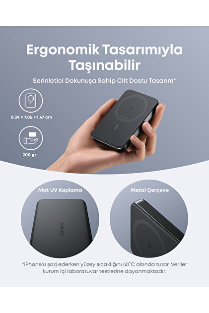 Anker MagGo 10.000 mAh Powerbank, Manyetik Kablosuz Şarj, Siyah