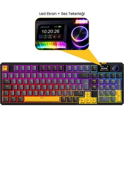 Kenpachi Ekranlı Kablosuz RGB Hot Swap Gasket Oil Switch PBT Türkçe Tuş Mekanik Oyuncu Klavyesi