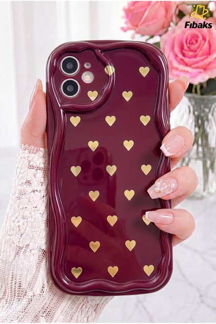 iPhone 11 Kılıf Kamera Korumalı Dalga Kenarlı Minik Sarı Kalp Desenli Bordo Silikon Kapak