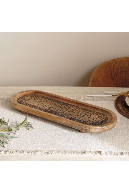 Savanna Mango Wood Etched Footed Oval Platter 51x18x5cm -brown
