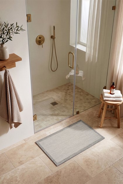 Fresco Anthracite Ecru Washable Nordic Bordered Bath Mat 60 X 100 23745P