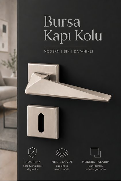 (1 TAKIM) Bursa İnox Kare Rozetli Oda Kapı Kolu Sağa ve Sola Uygun Kapı Kolları