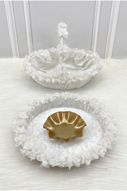 White Bridal Henna Night Tray and Basket, Wedding, Circumcision, Engagement, Promise, Velvet Three-Dimensional Laser Flower