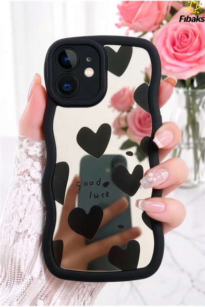 iPhone 16 Kılıf Aynalı Kalp Desenli Yumuşak Kenarlı Kamera Korumalı Silikon Kapak