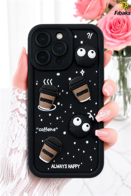 iPhone 14 Pro Max Kılıf Tasarımlı Desenli Kamera Korumalı Coffee Kurabiye Siyah Yumuşak Silikon Kap
