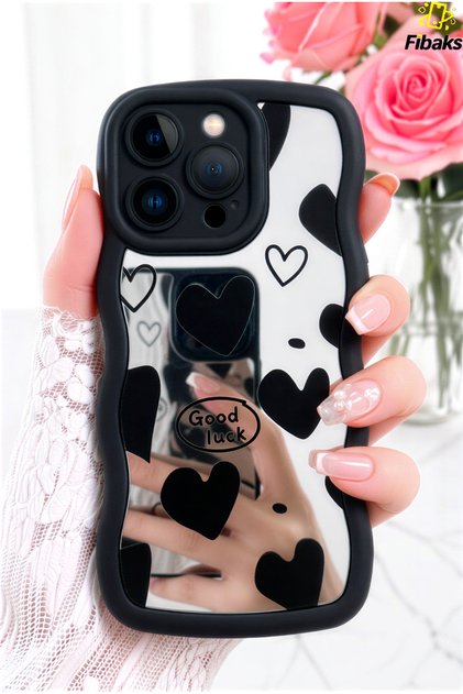 iPhone 13 Pro Case Mirror Heart Pattern Soft Edge Silicone Cover with Camera Protection