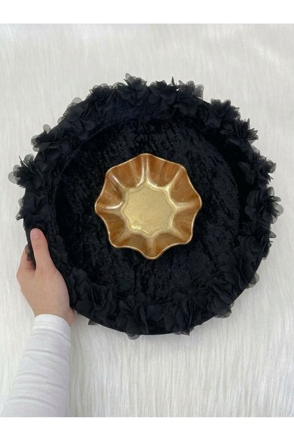 Black Bridal Henna Night Tray, Wedding, Circumcision, Velvet Three-Dimensional Laser Flower Decorated Tray