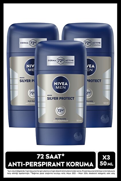 MEN Erkek Stick Deodorant Silver Protect 50ml, 72 Saat Anti-perspirant Koruma, Hızlı Kuruma, X3 Adet
