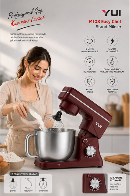 Yui M108 Easy Chef Hamur Yoğurma Makinesi Stand Mikseri Bordo
