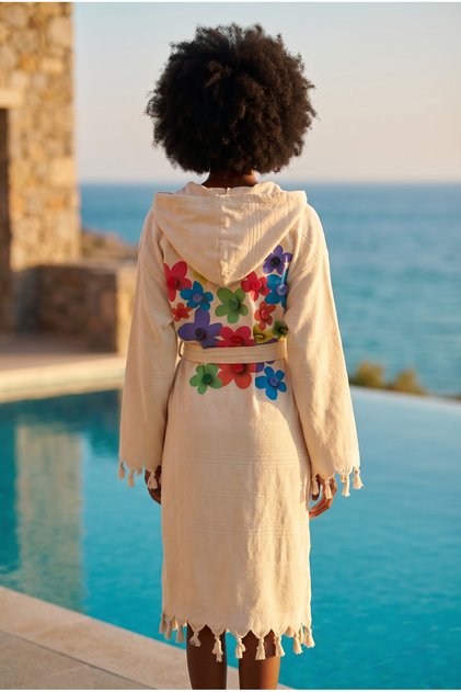 Women's Ecru Colored Back Floral Patterned Peshtemal Bathrobe