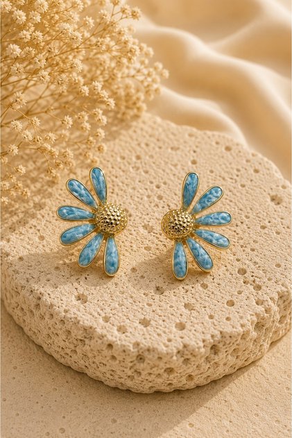 Daisy Blue Gold Detailed Daisy Shaped Steel Women's Earrings