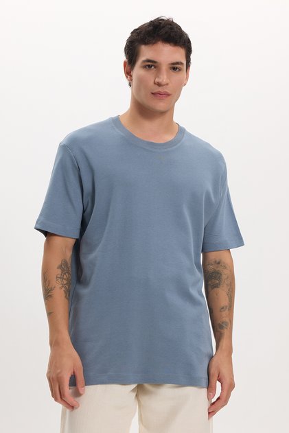Unisex Relax Fit Relax Fit 100% Cotton Soft Textured Basic Crew Neck Blue T-Shirt