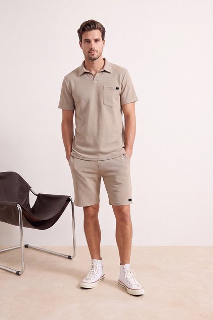 Camel Regular/Normal Fit Textured Fabric Labeled Polo Neck Tracksuit TMNSS23EM00003