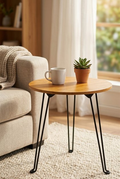 Bambu Katlanabilir Sehpa, 42 cm Çap, 47 cm Yükseklik, Metal 3 Ayaklı