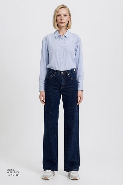 Flare Fit Geniş Paça Yüksek Bel Mavi Pamuklu Esnek Denim Jean Pantolon