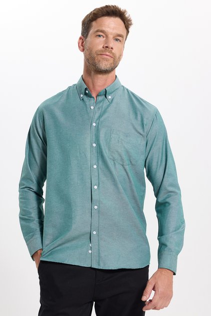 Classic Fit Long Sleeve Oxford Texture Collar Buttoned Pocket Embroidered Men's Green Shirt