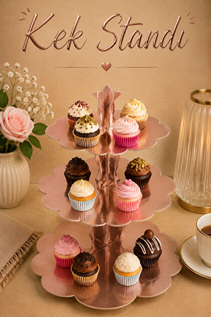Düz Rose Gold Kek Standı Karton Cup Cake Standı 3 Katlı Piramit Kurabiye Kulesi
