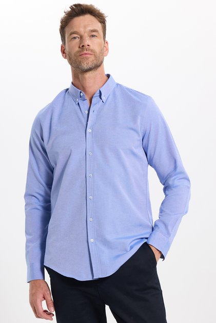 Men's Slim Fit Slim-Cut Long Sleeve Cotton Oxford Texture Easy-Iron Blue Button-Down Collar Shirt