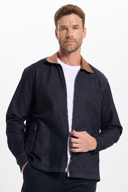 Men's Regular Fit Comfortable Cut Velvet Collar Zippered Denim Navy Blue Jacket Shirt