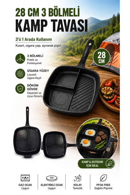 3-Compartment Cast Iron Pan 28 cm cm | Compatible with Cooktop & Oven | Multi-Purpose Breakfast Pan for Camping and Kitchen