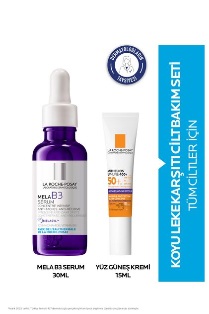 Leke Karşıtı Cilt Bakım Seti: MELA B3 Serum 30ml&Anthelios Uvmune HEVL+ SPF50+ Yüz Güneş Kremi 15ml