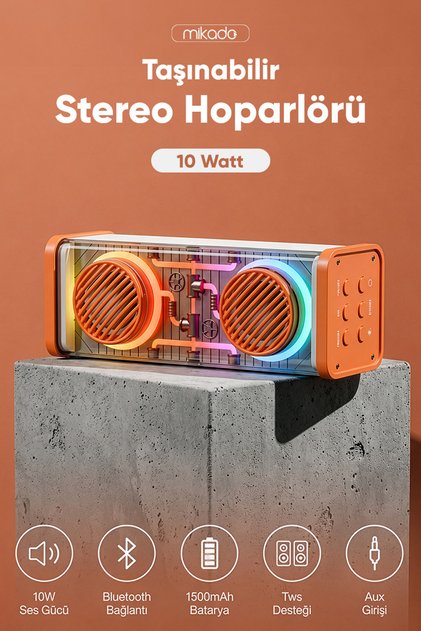 MD-56BT Turuncu Beyaz AUX + USB + Bluetooth Destekli 10W 1500mAh Taşınabilir Speaker