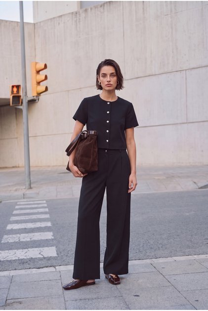 Black Short Sleeve Jacket Wide Leg Pants Winter Woven Bottom - Top Set Twoaw27Au00021