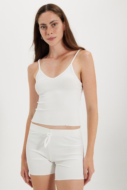 Women's Slim Fit Ribbed V-Neck Ecru Strap Blouse and Tie-Waist Ecru Shorts Set