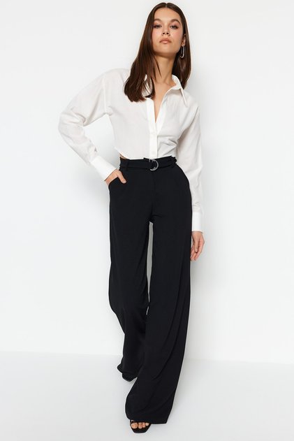 Black Belted Wide Leg / Wide Leg Regular Waist Smart Crepe Knit Trousers TWOSS23PL00330