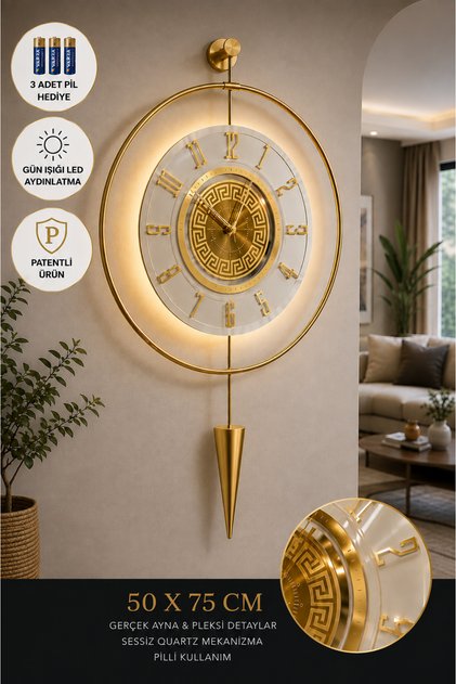 GOLD-Beyaz - Masippi Kristal 12-24h - (PİLLİ LED) -Metal Ledli Duvar Saati
