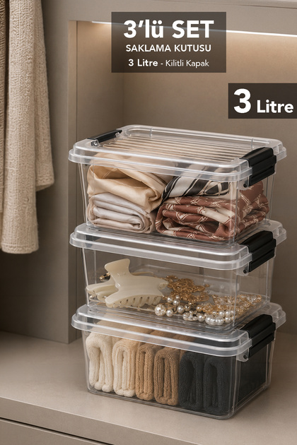 3'lü 3 Litre Çok Amaçlı Düzenleyici - Elora Kilitli Kapak Dolap İçi Organizer Saklama Kutusu Şeffaf