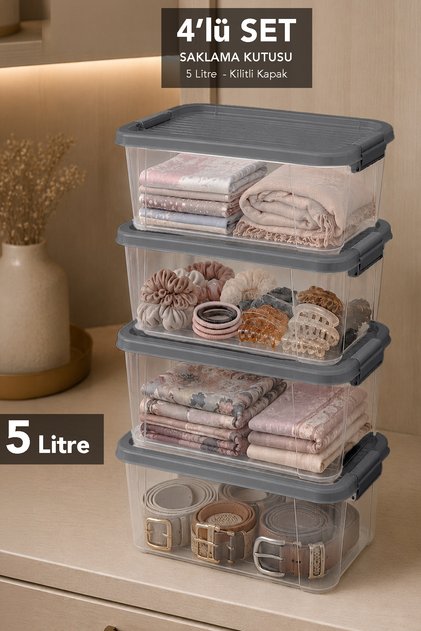 4 Pieces 5Lt Elora Lockable Lid Box - Multi-Purpose Cabinet Organizer Storage Box Gray