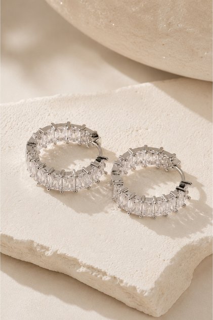 Women's Silver Color Baguette Stone Steel Hoop Earrings – Lumière