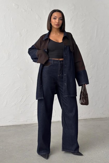 Belted Jacket-Pants Denim Set - Brown Navy Blue