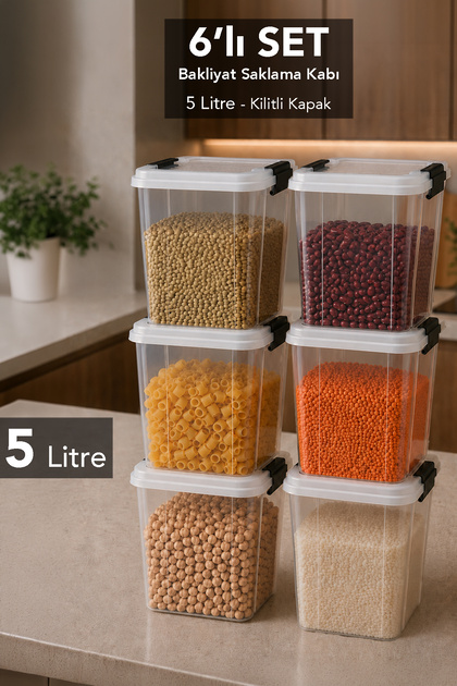 6-Piece 5Lt Lockable Lid Organizer Box - Deep Elora Kitchen Organizer Food Storage Container Transparent