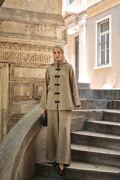 Women's Chinese Button Detail Waist Elastic Double Suit Set Mold Green