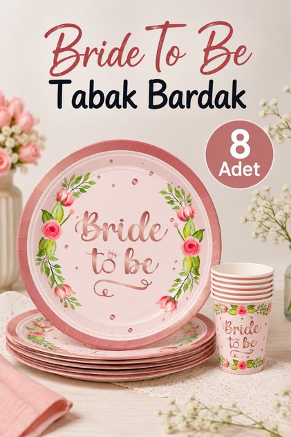 8-Piece Plate and Glass Set Bride to Be Written Powder Pink Flower Ring Detailed Bachelorette Party
