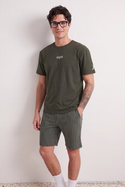Khaki Regular Fit Printed Knitted Summer Shorts Pajama Set THMSS21PT1005