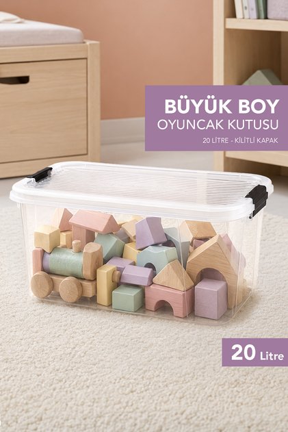 Storage Box with Locking Lid - Baby Kids Room Organizer Toy Organizer 20Lt Transparent