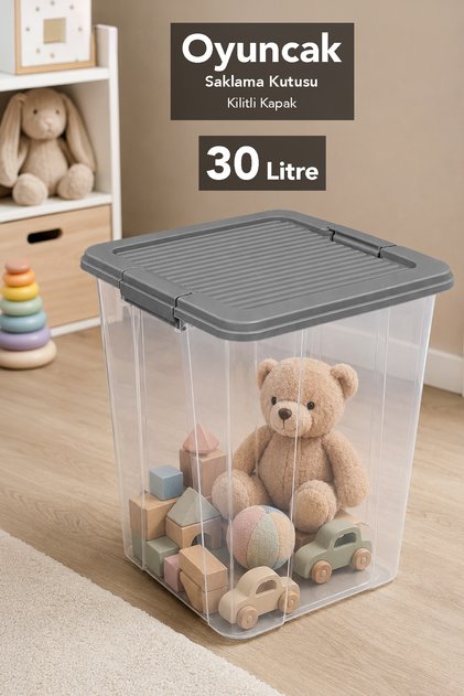 Deep Toy Box - Children's Baby Room Toy Organizer Lockable Lid Storage Box 30Lt Gray