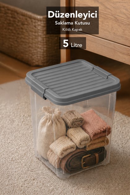 5Lt Lockable Lid Organizer Box - Deep Elora Organizer Storage Box for Inside the Cabinet Gray