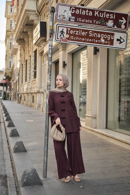 Women's Chinese Button Detail Waist Elastic Double Suit Set Plum